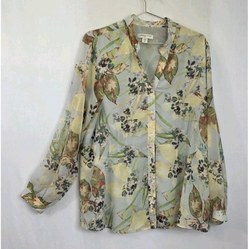 Coldwater Creek XL Green Watercolor Floral Sheer Button Up Blouse Lined Feminine